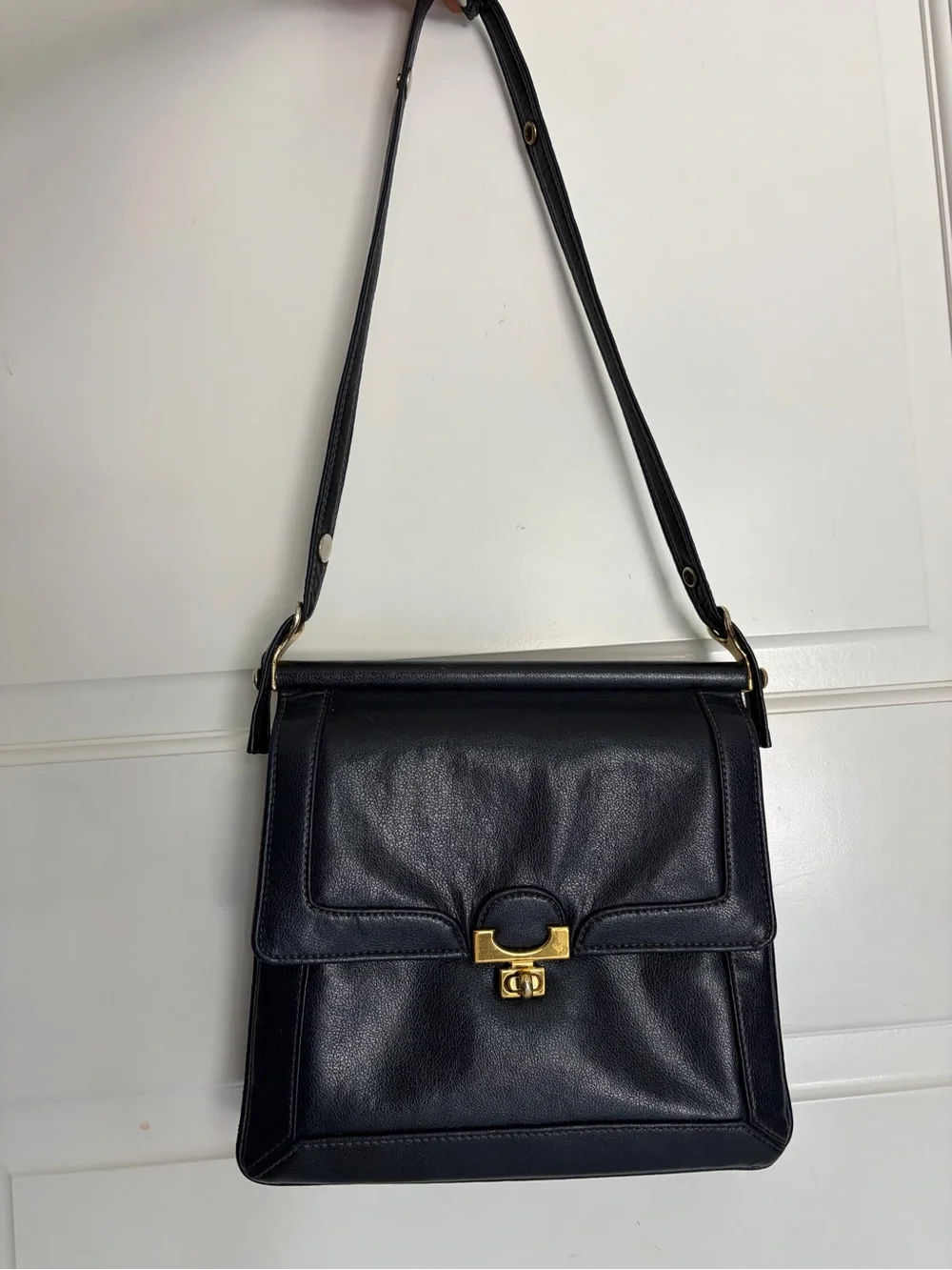 Vintage Dark Blue Leather Shoulder Bag with Gold Hardware